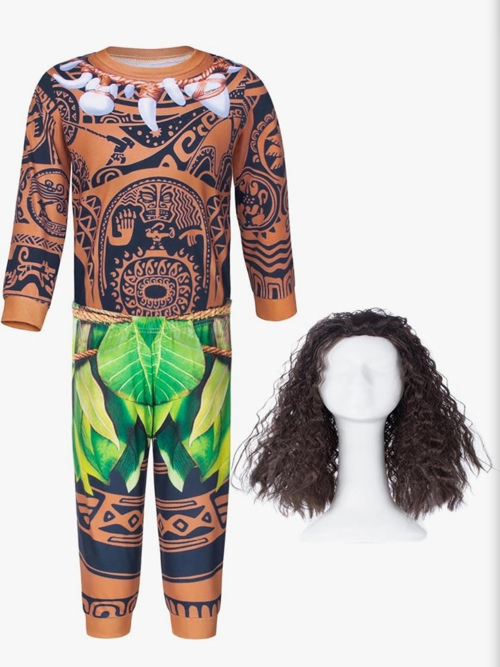 Maui Kids Brown & Green Tribal Leaf Superhero Costume with Wig